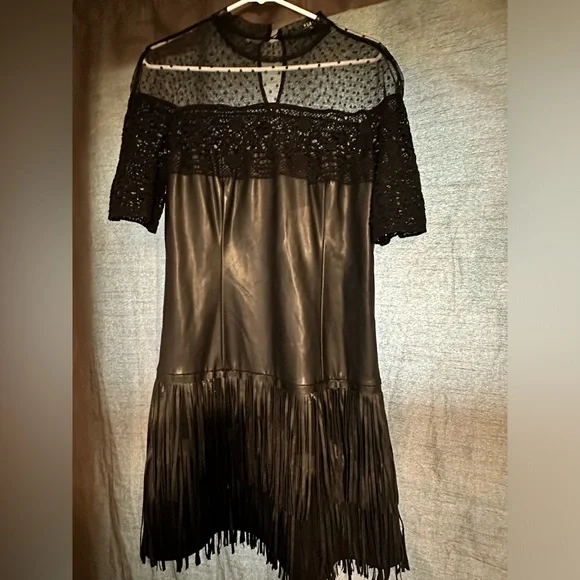 slim fit dress slacks Black Faux Leather Spaghetti Strap V Neck Rhinestone Fringe Skirt Two Piece Set Large main image 0